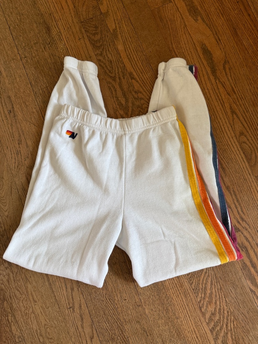 Aviator Nation White Sweatpants with Yellow Orange Red Blue Side Stripes Sz 14